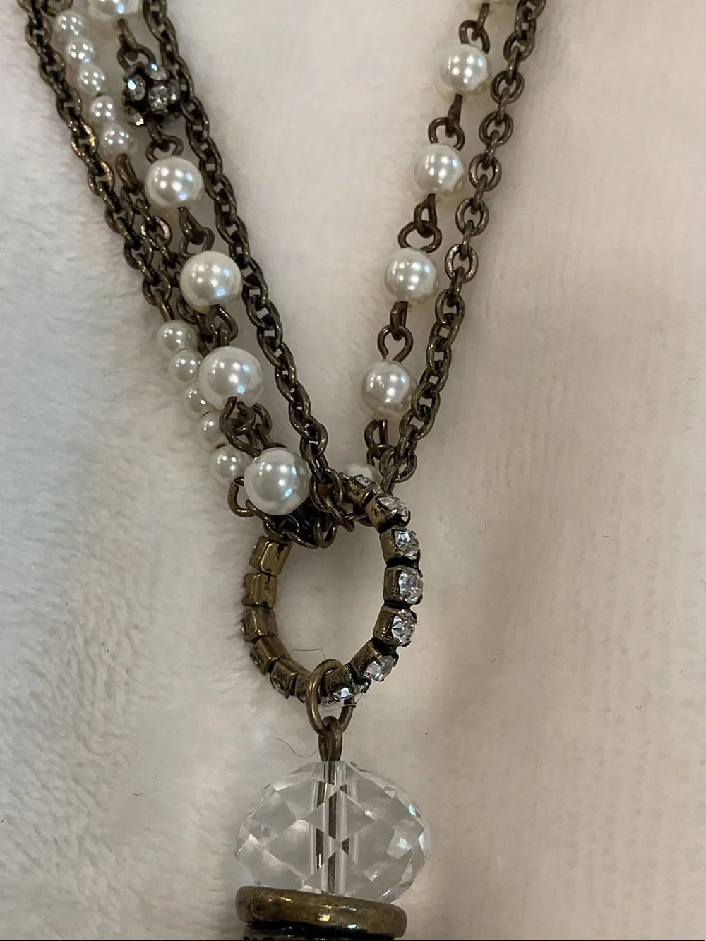 Chico's Cream Pearl Tassel Necklace with Antique Gold Chains